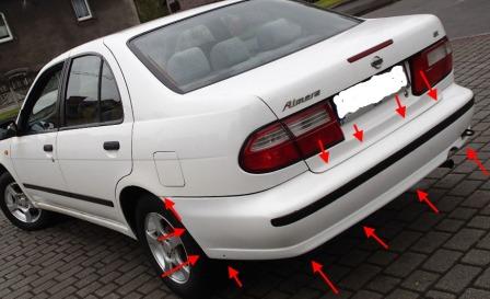 the attachment of the rear bumper Nissan Almera N15 (1995-2000)